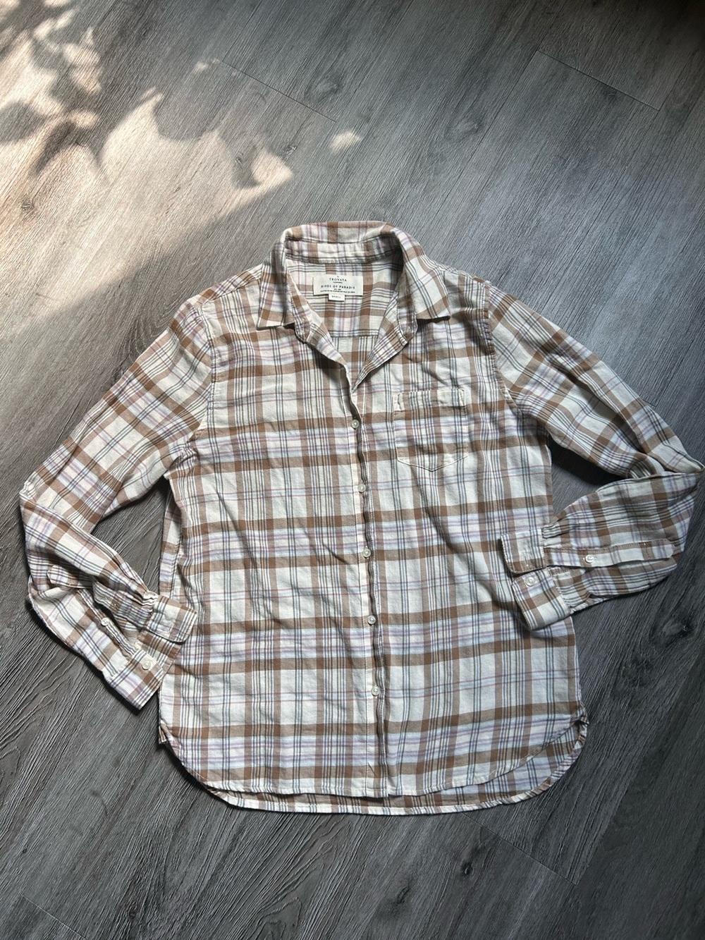 Preppy Coastal Birds of Paradis Cotton Beige Brown Plaid Long Sleeve Button Up S